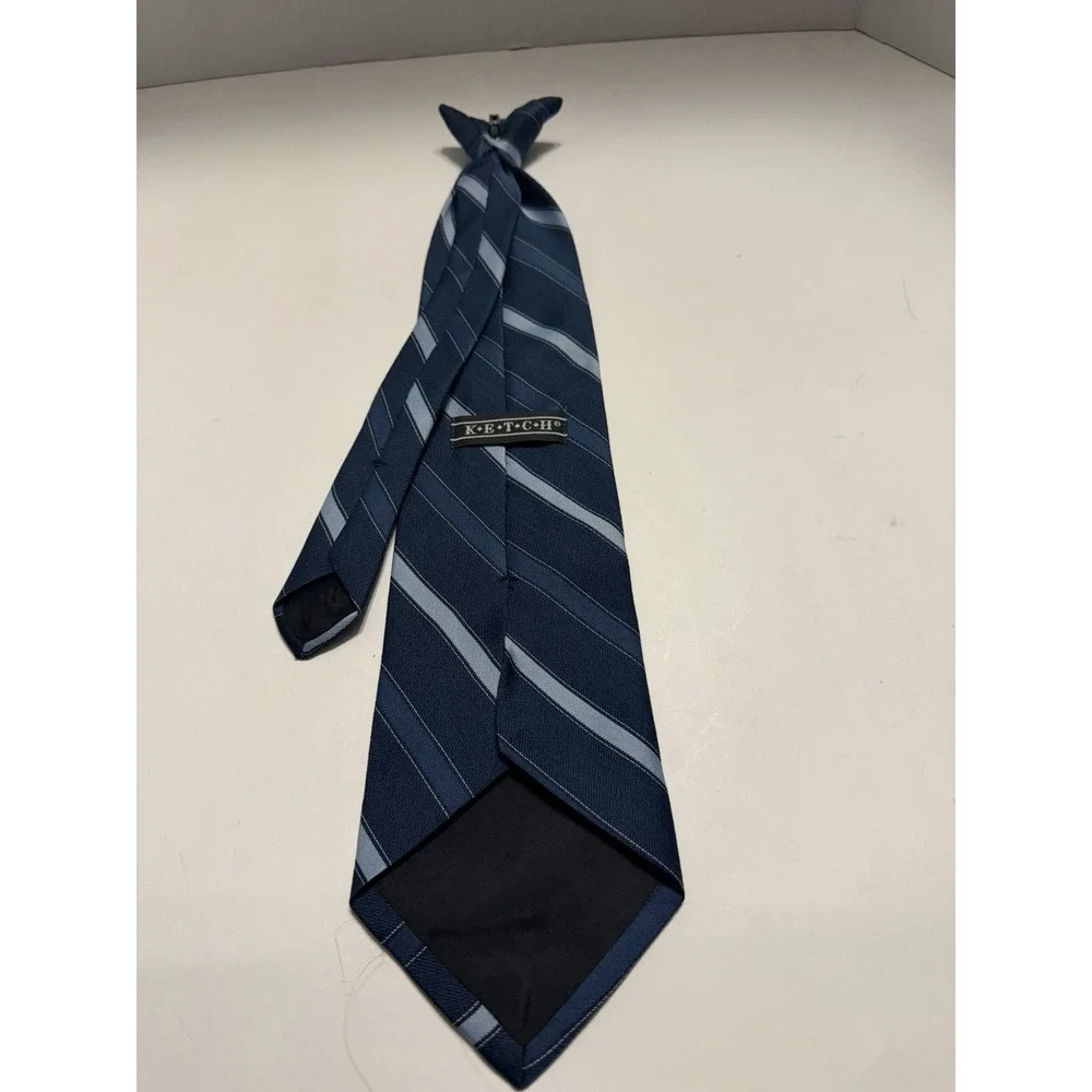Ketch Mens Blue Striped Clip-On Necktie Navy Light Blue Diagonal Stripe Tie